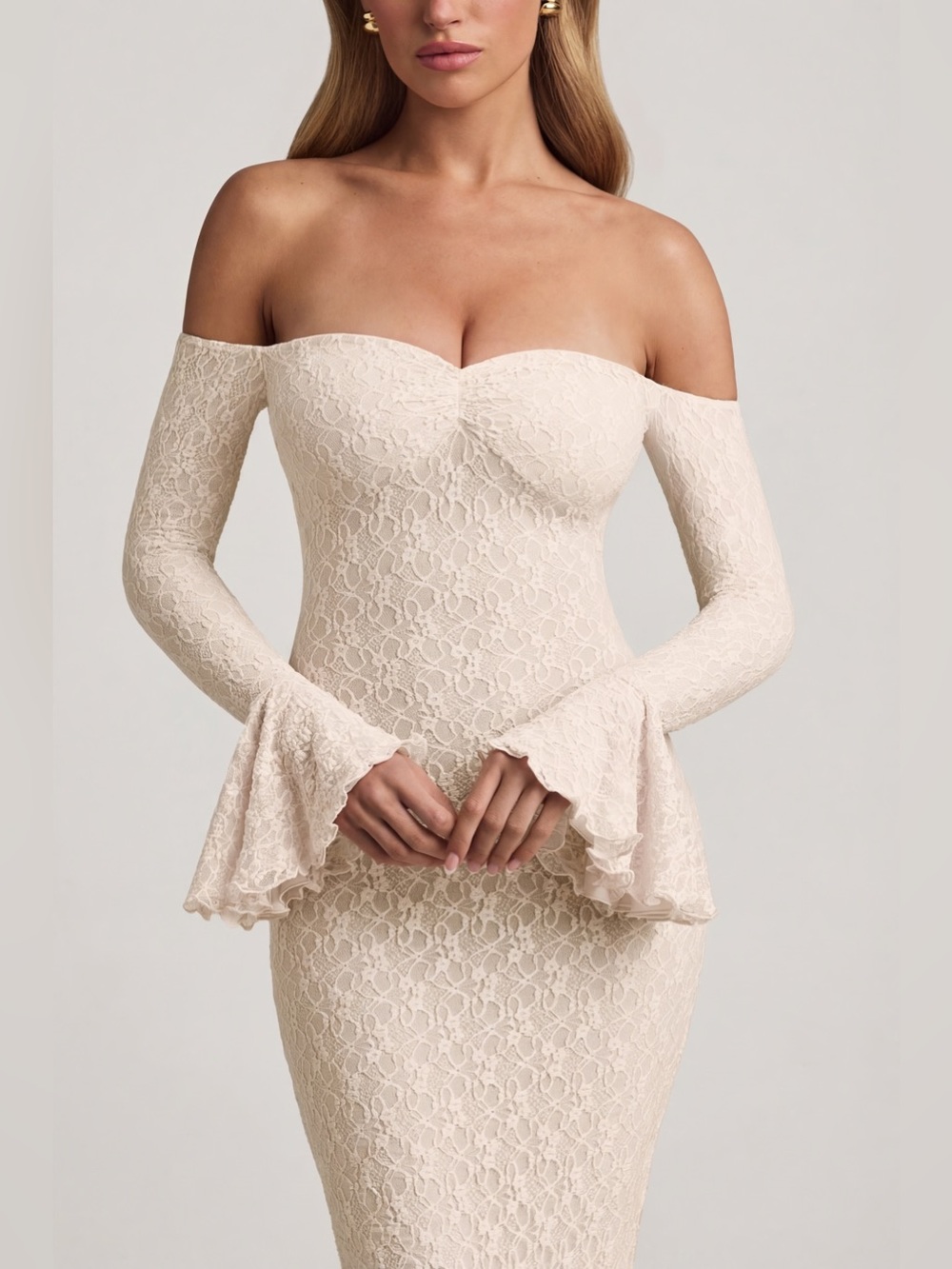 NEW Oh Polly Verena Ivory Off-Shoulder Ruffle Lace Mermaid Bodycon Maxi Dress XS - Picture 8 of 10